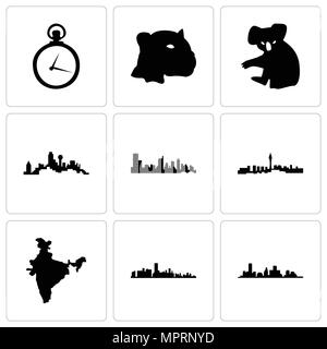 Set Of 9 simple editable icons such as houston, florida, india map, las vegas, austin, dallas, koala, jaguar face, pocket watch, can be used for mobil Stock Vector