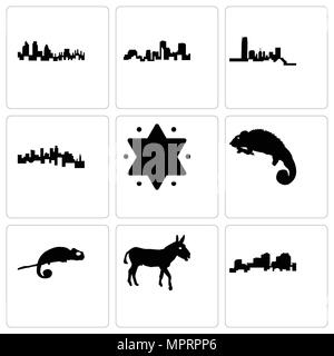 Set Of 9 simple editable icons such as louisiana, donkey, chameleon, star of david, minnesota, oklahoma, london, can be used for mobile, web Stock Vector
