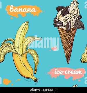 Colorful retro style cookie ice cream cone and banana seamless pattern. Hand-drawn delicious summer design. Turquoise, yellow, pink, chocolate. Cafe decoration, textile print. Stock Vector