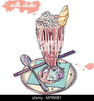 Pink unicorn ice cream milk shake. Hand drawn vector illustration. Watercolor splashes, inscription. Isolated on white background. Trendy pastel goth summer dessert. Stock Vector