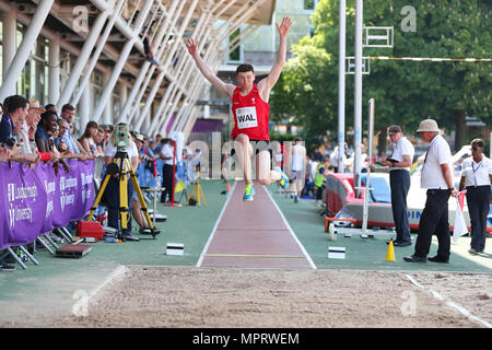 Loughborough, England, 20th, May, 2018.   Aled Price competing in the Men's Long Jump during the LIA Loughborough International Athletics annual meeti Stock Photo