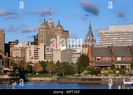 Basin Marina Park and city skyline, Buffalo, New York, USA. Stock Photo