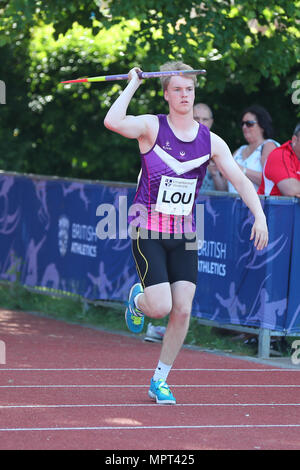 Loughborough, England, 20th, May, 2018.   Daniel  Bainbridge competing in the Men's Javelin during the LIA Loughborough International Athletics annual Stock Photo