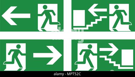 Emergency exit safety sign. White running man icon on green background - left, right and stairs version. Stock Vector