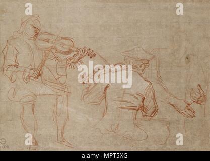 Study of two Violinists and a Pair of Hands, holding an Arm, on the right, about 1716. Artist: Jean-Antoine Watteau. Stock Photo