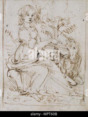 A Maiden with a Unicorn, late 1470s. Artist: Leonardo da Vinci. Stock Photo