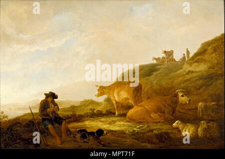 Seated Shepherd with Cows and Sheep in a Meadow, c1644. Artist: Aelbert Cuyp. Stock Photo