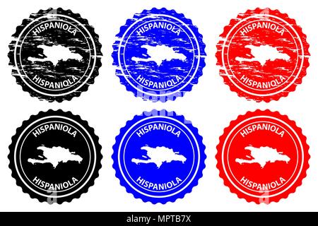 Hispaniola - rubber stamp - vector, Hispaniola map pattern - sticker - black, blue and red Stock Vector