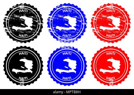 Haiti - rubber stamp - vector, Republic of Haiti map pattern - sticker - black, blue and red Stock Vector