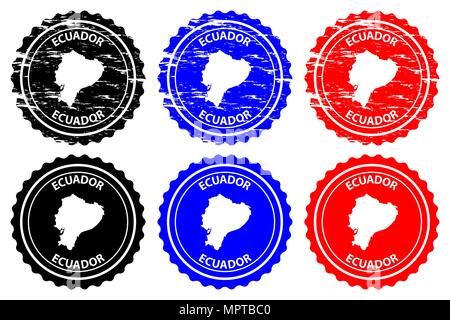 Ecuador - rubber stamp - vector, Republic of Ecuador map pattern - sticker - black, blue and red Stock Vector