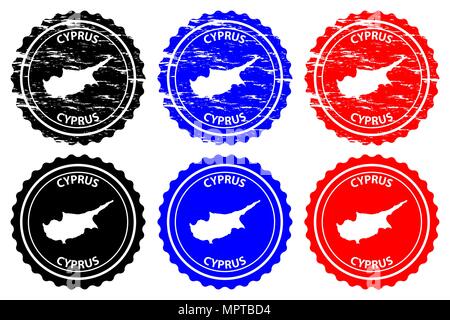 Cyprus - rubber stamp - vector,Republic of Cyprus map pattern - sticker - black, blue and red Stock Vector