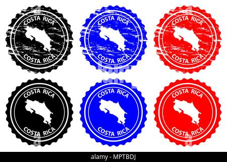 Costa Rica - rubber stamp - vector, Costa Rica map pattern - sticker - black, blue and red Stock Vector