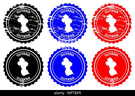 Guyana - rubber stamp - vector, Co-operative Republic of Guyana map pattern - sticker - black, blue and red Stock Vector