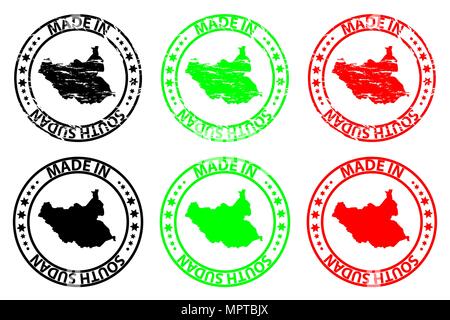 Made in South Sudan - rubber stamp - vector, Republic of South Sudan map pattern - black, green and red Stock Vector