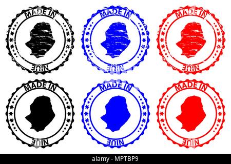 Made in Niue - rubber stamp - vector, Niue map pattern - black, blue and red Stock Vector