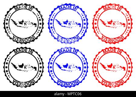 Made in Indonesia - rubber stamp - vector, Republic of Indonesia map pattern - black, blue and red Stock Vector