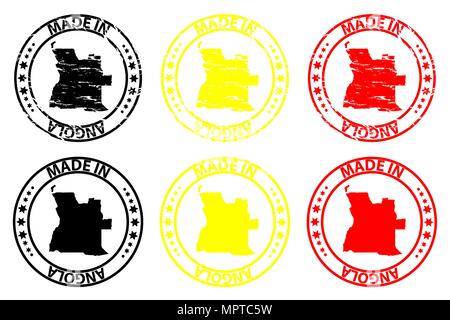 Made in Angola - rubber stamp - vector, Angola map pattern - black, yellow and red Stock Vector