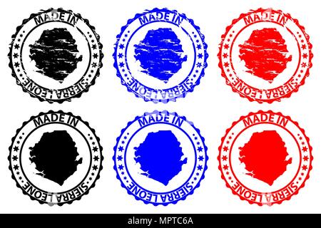 Made in Sierra Leone - rubber stamp - vector, Republic of Sierra Leone (Salone) map pattern - black, blue and red Stock Vector