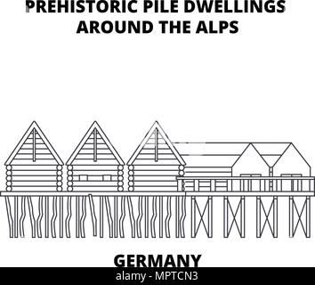Germany, Prehistoric Pile Dwellings Around The Alps line icon concept. Germany, Prehistoric Pile Dwellings Around The Alps linear vector sign, symbol, illustration. Stock Vector