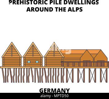 Germany, Prehistoric Pile Dwellings Around The Alps line icon concept. Germany, Prehistoric Pile Dwellings Around The Alps flat vector sign, symbol, illustration. Stock Vector