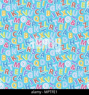 Alphabet pattern on a blue background.Vector seamless pattern with letters hand draw doodle style illustration.ABC background Stock Vector