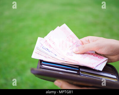 Closeup top view of brown leather wallet with banknotes in young woman hands on green background. Stock Photo