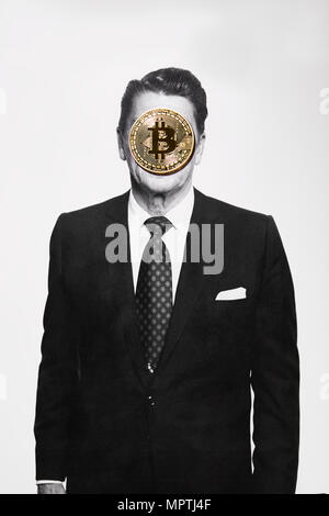 A Physical Bitcoin sits on a photo of a man in a suit.  Concepts of anonymity and regulation Stock Photo