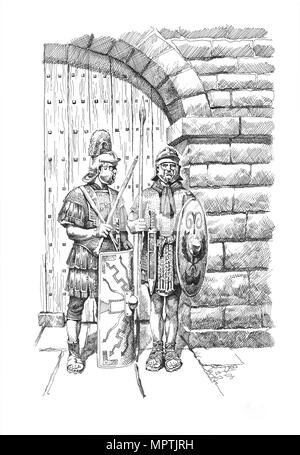 Roman soldiers on sentry duty on Hadrian's Wall, c1985-c2000. Artist: Philip Corke. Stock Photo