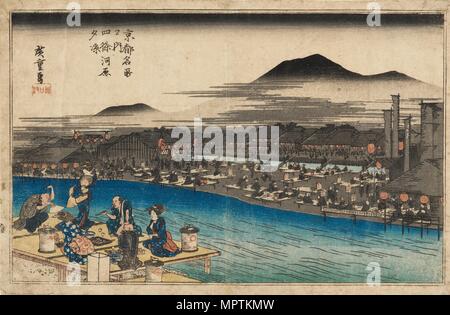 Woodblock print - Night view at Shijo Kawaramachi, 1797-1858. Artist: Ando Hiroshige. Stock Photo