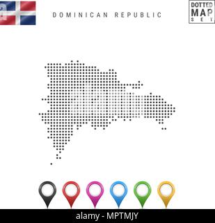 Vector Dotted Map of Dominican Republic. Silhouette of Dominican Republic. Flag of Dominican Republic. Map Markers Set Stock Vector