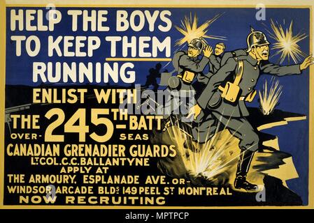 Canadian Army Recruitment Poster Help the Boys Keep them Running, 1914-1918. Stock Photo