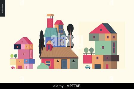 Simple things - houses - flat cartoon vector illustration of colorful countryside house with terrace and trees on it, chimney, attic roof space, tall  Stock Vector