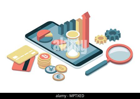 Business, finance and investments app on a smartphone with credit cards and currencies Stock Vector