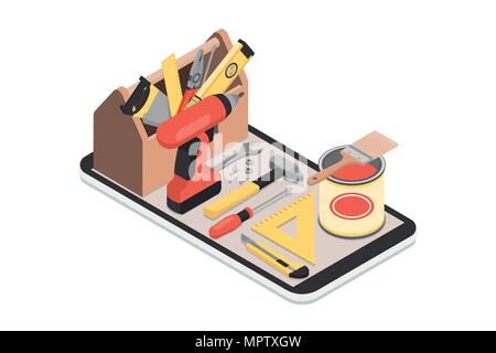 Do it yourself and home renovation app: toolbox and tools on a smartphone with icons Stock Vector