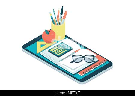 E-learning and online courses app with icons, books and tools, education and back to school concept Stock Vector