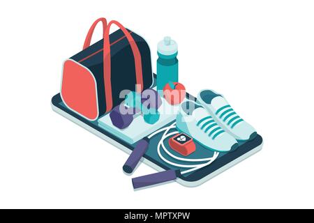 Fitness, training and workout app: sports equipment and icons on a touch screen smartphone Stock Vector