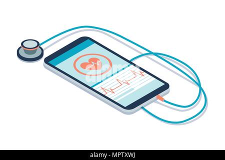 Digital stethoscope connected to a smartphone and icons: innovative medical diagnosis and technology concept Stock Vector