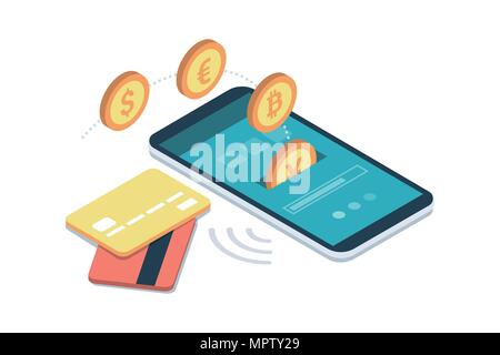 Safe and easy e-payments on smartphone using financial apps and international currencies: a user is receiving money on his smartphone Stock Vector