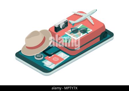 Travel, tourism and booking app: travel equipment and luggage on a mobile touch screen smartphone Stock Vector