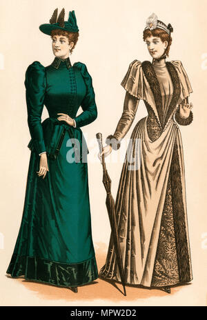 Godey's ladies' fashions, 1890s, showing two ladies in walking attire, one green and one beige.  Color lithograph Stock Photo
