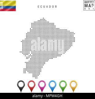 Vector Dotted Map of Ecuador. Simple Silhouette of Ecuador. National Flag of Ecuador. Set of Multicolored Map Markers Stock Vector