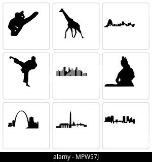 Set Of 9 simple editable icons such as fort worth, dc, missouri, lord shiva, minneapolis, karate kick, giraffe, koala, can be used for mobile, web Stock Vector