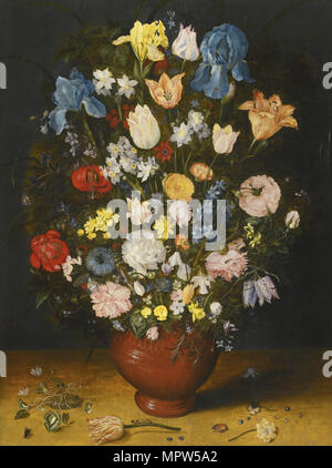 Still life with irises, tulips, roses, and narcissus in a ceramic vase, c.1600-1605. Stock Photo