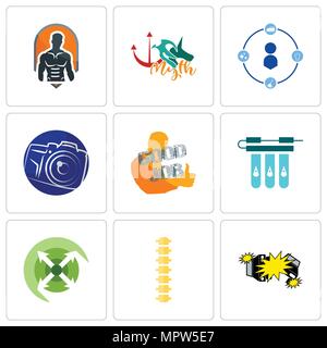 Set Of 9 simple editable icons such as car crash, spine, extend, water filter, good job, photography camera, tidy, myth, fitness, can be used for mobi Stock Vector