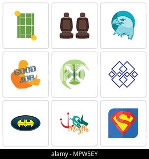Set Of 9 simple editable icons such as s, myth, bat, generic, extend, good job, eagle head, car seat, tennis court, can be used for mobile, web Stock Vector
