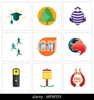 Set Of 9 simple editable icons such as chili cook off, yard sale, lithium battery, taurus professional, nerd glasses, competitive advantage, purple co Stock Vector