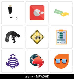 Set Of 9 simple editable icons such as nerd glasses, taurus professional, purple cobras, action plan, towing, mamba, money back guarantee, output, eth Stock Vector