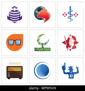 Set Of 9 simple editable icons such as sports fan, globe, heater, spartan, bismillah, nerd glasses, registe nurse, taurus professional, purple cobras, Stock Vector