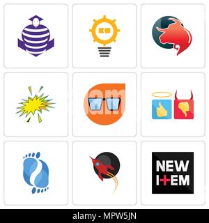 Set Of 9 simple editable icons such as new item, rocket, podiatry, good bad, nerd glasses, starburst, taurus professional, problem management, purple  Stock Vector