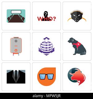 Set Of 9 simple editable icons such as taurus professional, nerd glasses, dress code, service dog, purple cobras, boiler, honey badger, mystery person Stock Vector